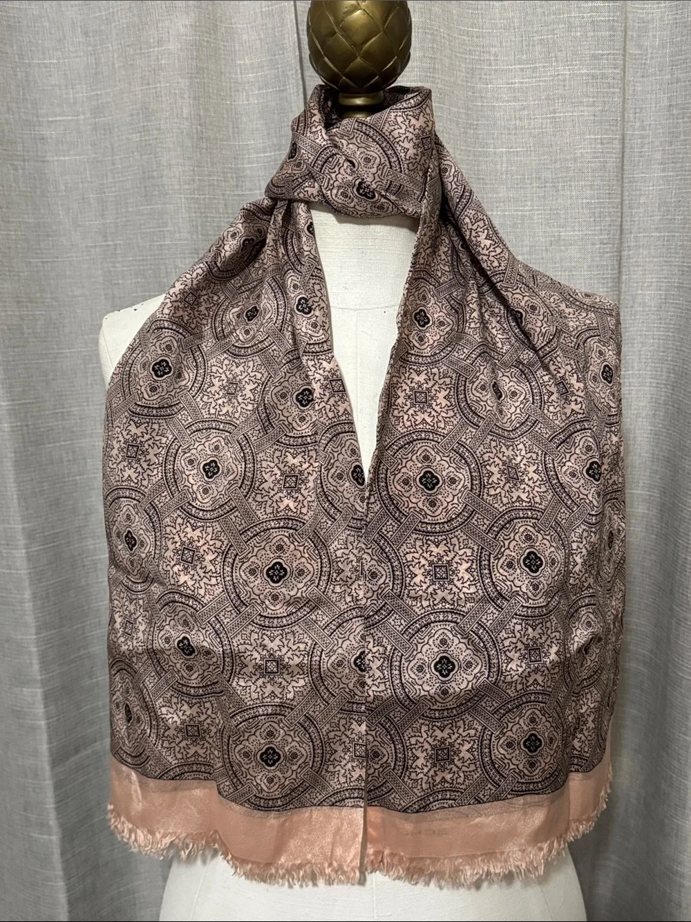 Vintage ECHO Scarf-Pink/Black-Silk-Geometric Medallion Print-Short Fringe-EUC